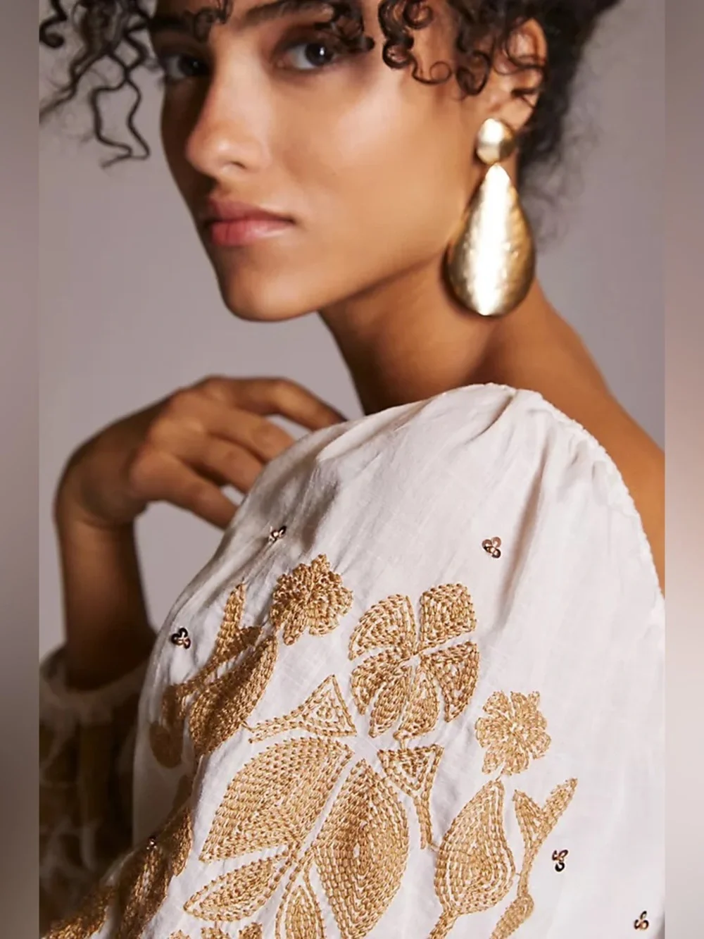 Anthropologie Embroidered Smocked Puff Sleeve Blouse M Petite Boho Romantic